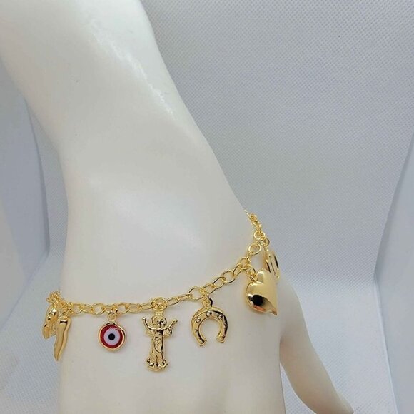 Brand New Brazilian 18k Gold Filled Red Evil Eye w/ Charms Bracelet - Picture 1 of 4